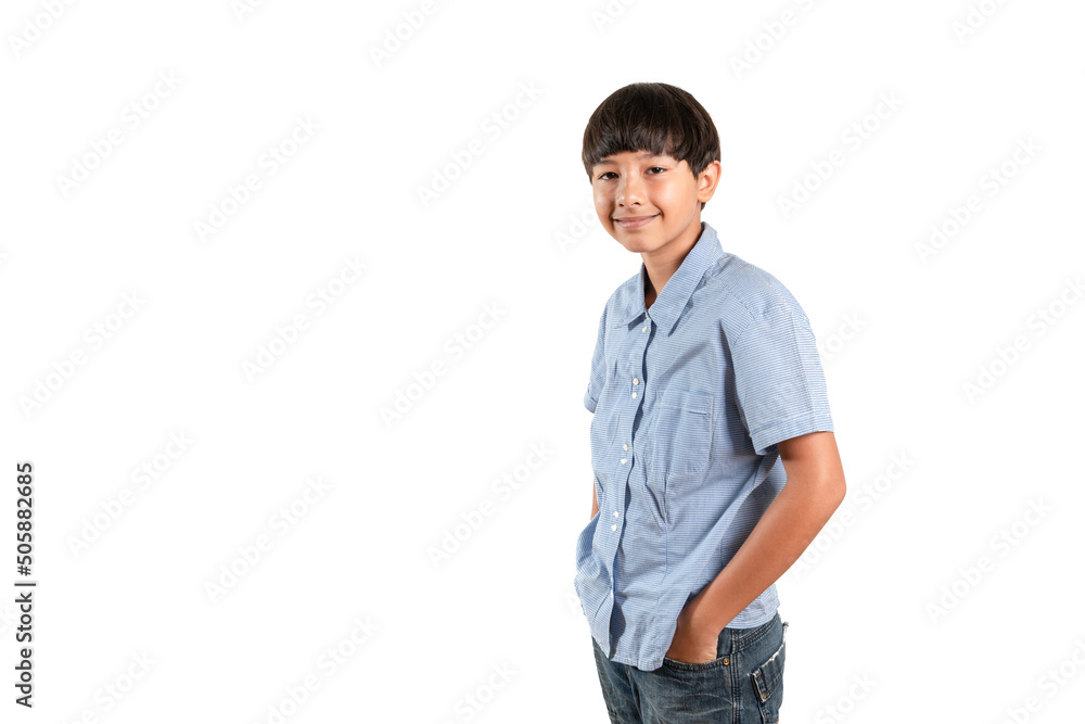 Portrait of adorable young happy smiling mixed race boy looking at camera wearing a casual school look in a good mood, carefree childhood. Isolated on white background for copy space and graphics Portrait of adorable young happy smiling mixed race boy looking at camera wearing a casual school look in a good mood, carefree childhood. Isolated on white background for copy space and graphics