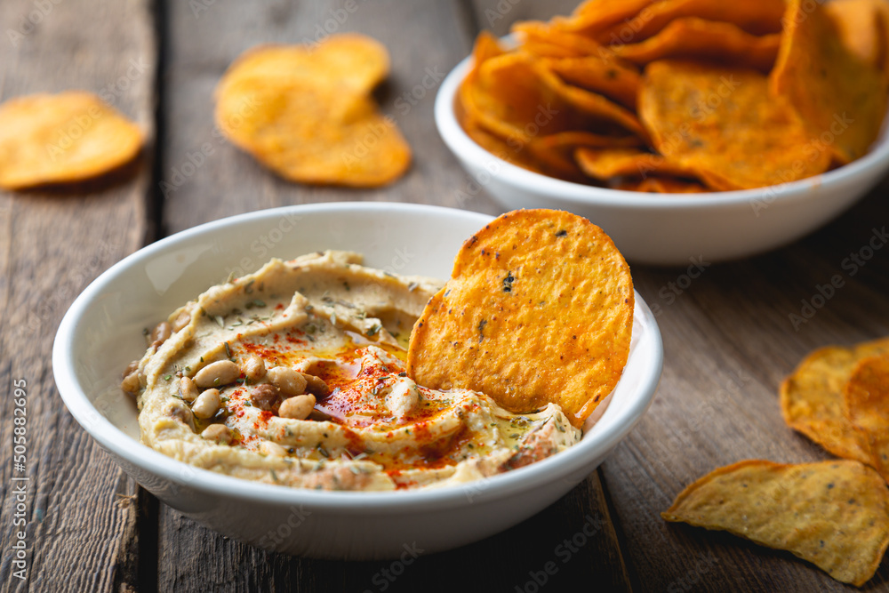 Hummus and crunchy corn chips Hummus and crunchy corn chips