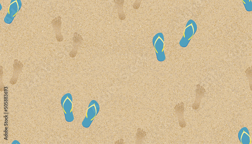Seamless pattern Texture background Footprints of human feet with dandal on the Sand Beach background.Vector illustration Backdrop Brown Beach sand dune with barefoot and slipper for Summer banner
