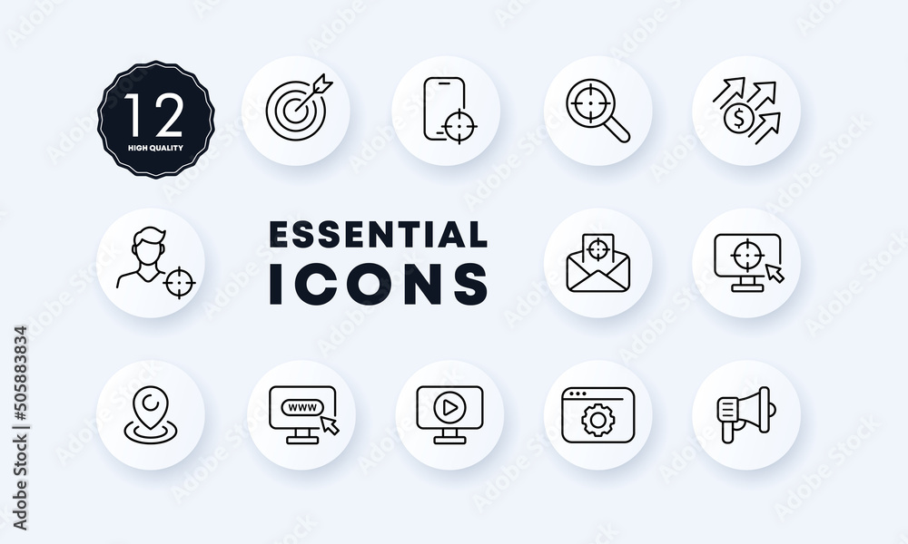 Contextual advertising set icon. Target, arrow, search, income, tracking, geolocation, mouthpiece, website, online store. The target audience concept. Vector line icon for Business and Advertising Contextual advertising set icon. Target, arrow, search, income, tracking, geolocation, mouthpiece, website, online store. The target audience concept. Vector line icon for Business and Advertising