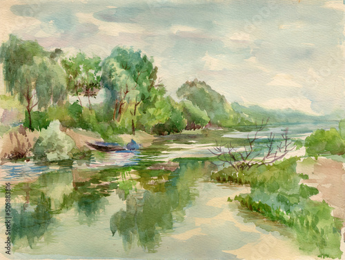 Watercolor painted landscape with a picturesque small river, boat and old trees in cloudy spring day