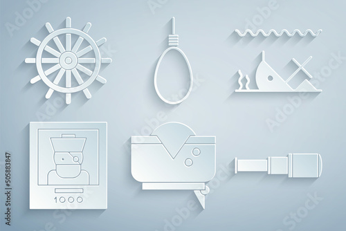 Set Pirate hat, Sunken ship, Wanted poster pirate, Spyglass telescope lens, Gallows rope loop hanging and Ship steering wheel icon. Vector