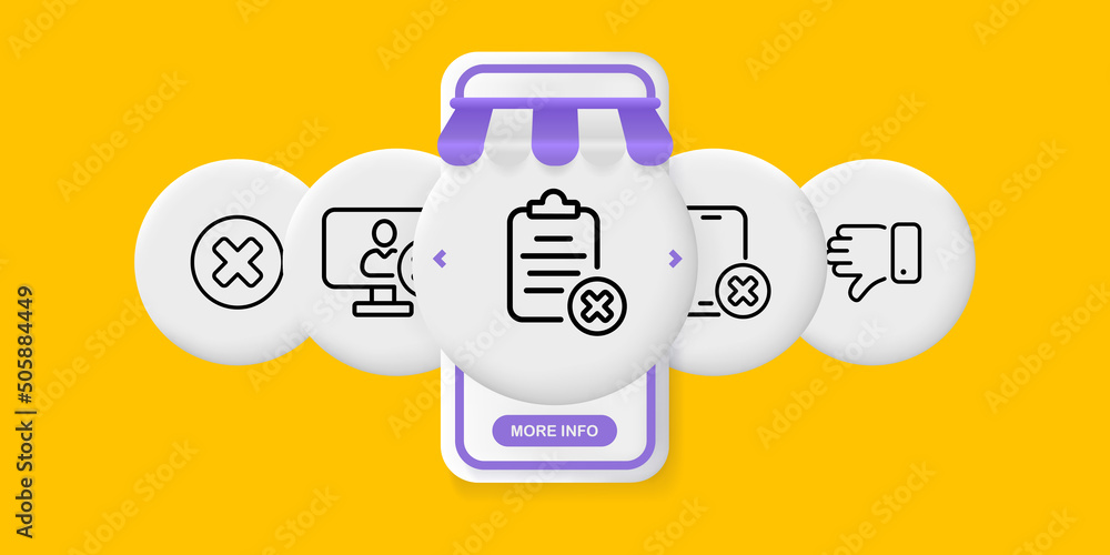 Cross set icon. Thumb down, clipboard, phone, monitor, cancel, error, not confirmed. Rejected concept. UI phone app screens with people. Vector line icon for Business and Advertising Cross set icon. Thumb down, clipboard, phone, monitor, cancel, error, not confirmed. Rejected concept. UI phone app screens with people. Vector line icon for Business and Advertising