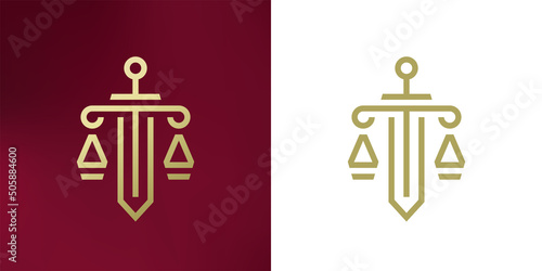 Law firm logo. Sword and scale of justice icon. Corporate lawyer symbol. Gold attorney business sign. Legal advocate emblem. Vector illustration.