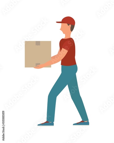 The movers are carrying a cardboard box. concept delivery, moving, movers