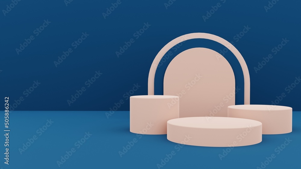 Empty luxury luxuryblue cylinder podium with cream circle arch and curtain background. Abstract minimal studio 3d geometric shape object. Pedestal mockup space of product design.3d render Empty luxury luxuryblue cylinder podium with cream circle arch and curtain background. Abstract minimal studio 3d geometric shape object. Pedestal mockup space of product design.3d render
