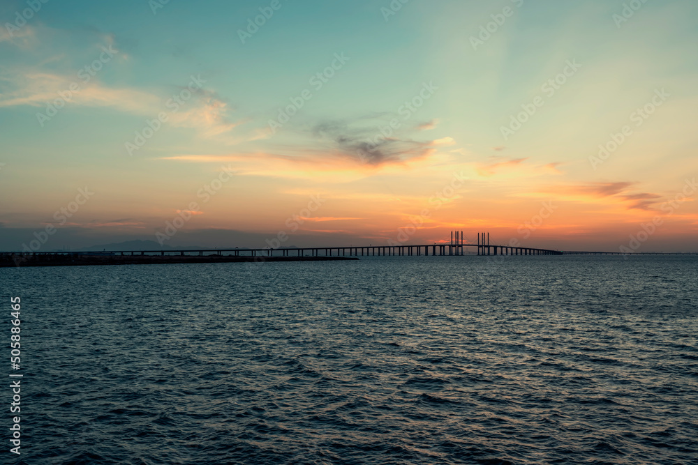 Qingdao Jiaozhou Bay Bridge and dusk sunset