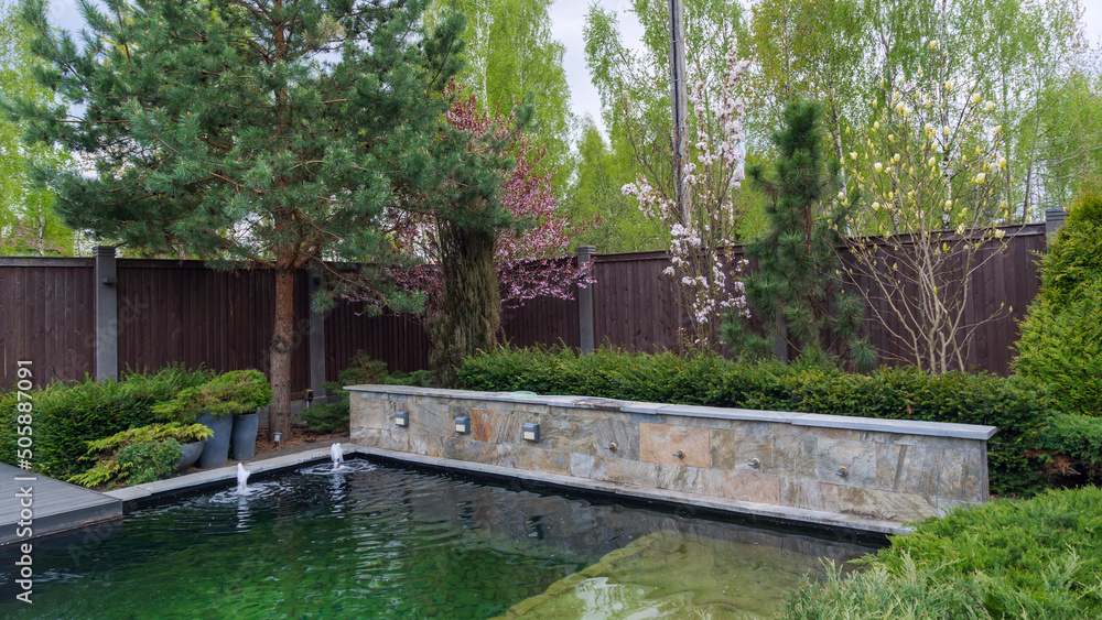 Pond in landscape design. Landscape design on backyard. View of small pond, trimmed bushes and small fountain.