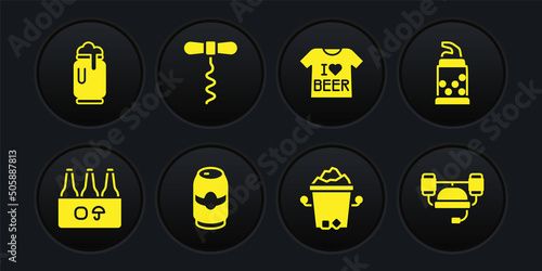 Set Pack of beer bottles, Bottle opener, Beer can, Ice bucket, T-shirt, Wine corkscrew, helmet and with foam icon. Vector