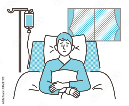 Male patient who entered bed due to illness [Vector illustration material]