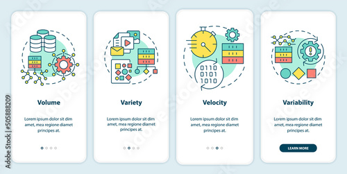 Characteristics of big data onboarding mobile app screen. Digitalization walkthrough 4 steps graphic instructions pages with linear concepts. UI, UX, GUI template. Myriad Pro-Bold, Regular fonts used