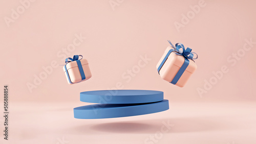 3d rendering of promotion sale with gifts and balloon on minimal pink blue background.