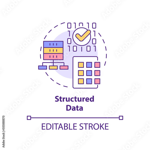 Structured data concept icon. Big data type abstract idea thin line illustration. Machine learning algorithm. Isolated outline drawing. Editable stroke. Arial  Myriad Pro-Bold fonts used
