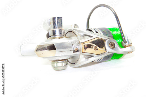 Fishing reels is a leisure sport or hobby of the unemployed, fishing is a popular thing for people to fish to eat and is a sport on a white background.