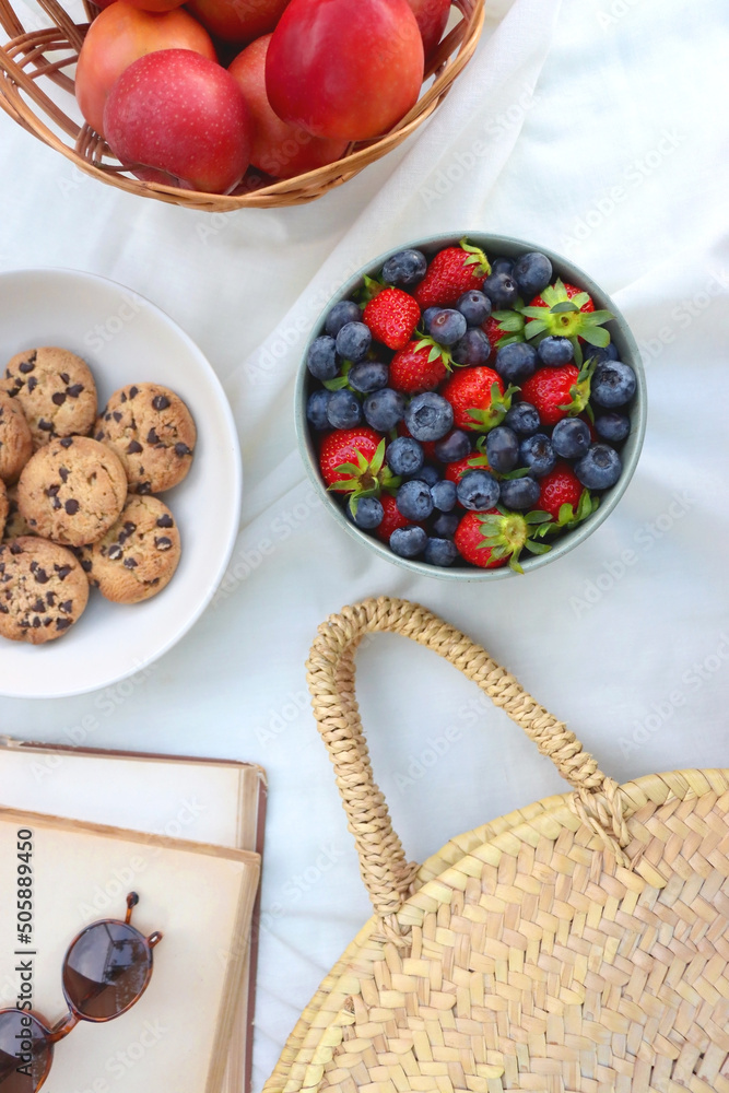 Picninc blanket with straw bag, bowl of strawberries and blueberries, bowl of chocolate chip cookies, books, sunglasses and basket of apples in the garden. Top view. Picninc blanket with straw bag, bowl of strawberries and blueberries, bowl of chocolate chip cookies, books, sunglasses and basket of apples in the garden. Top view.