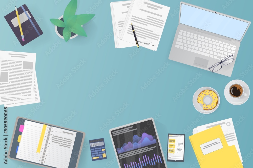 Naklejka premium Workplace for business, management, finances and self office. Place for text. View from above. notebook and office supplies on the desktop.