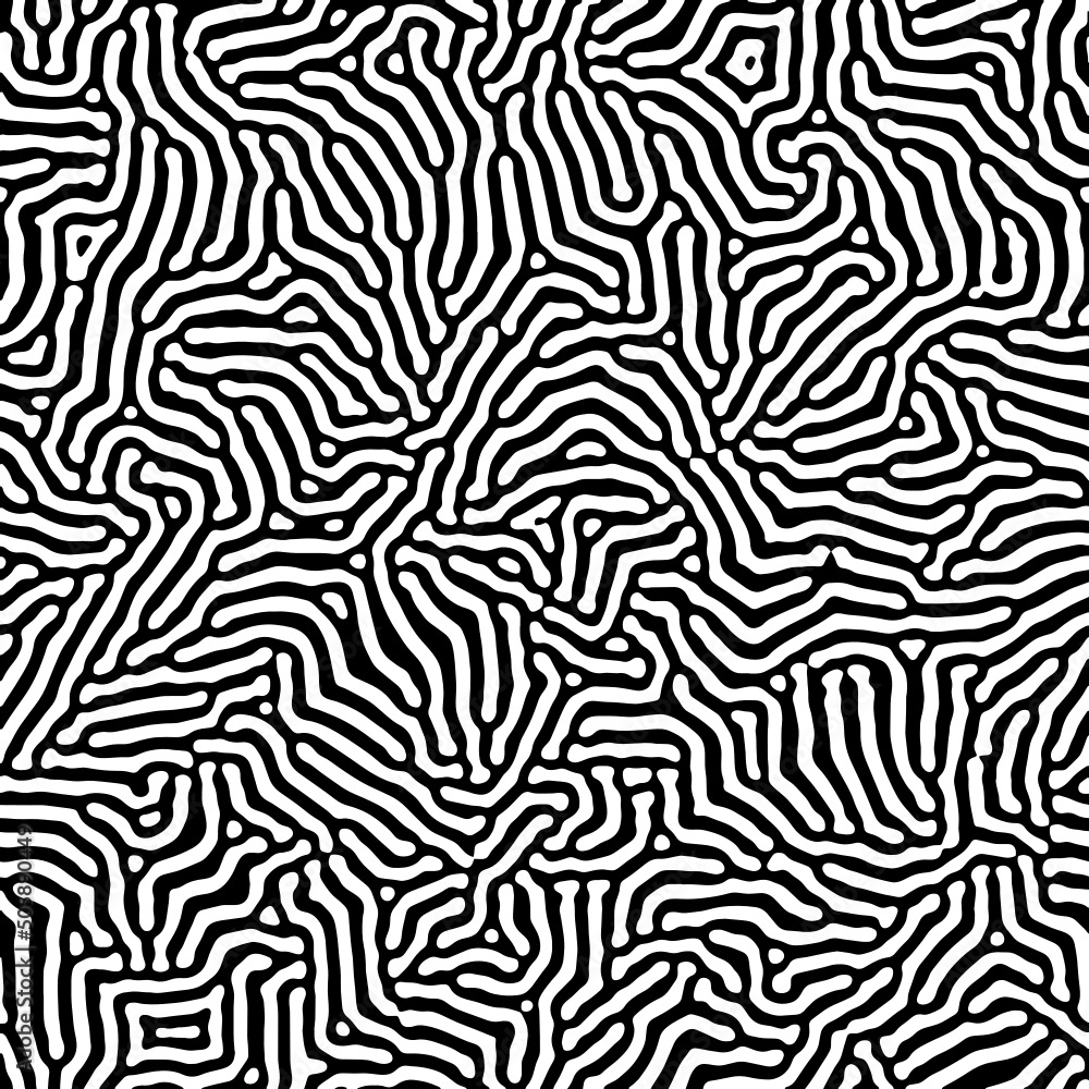 Reaction diffusion texture vector seamless organic rounded jumble maze lines patterns in black and white. Abstract nature backgrounds