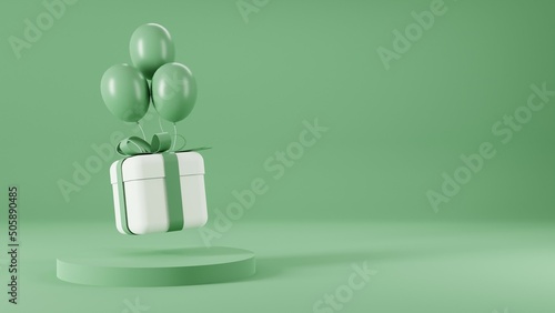 3d rendering of promotion sale with  podium gifts, shopping bag and balloon on minimal green background.