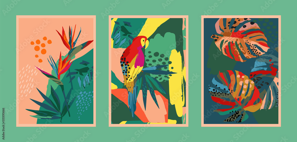 Set of art prints with abstract tropical nature. Modern vector design for posters, cards, cover packaging and other Set of art prints with abstract tropical nature. Modern vector design for posters, cards, cover packaging and other