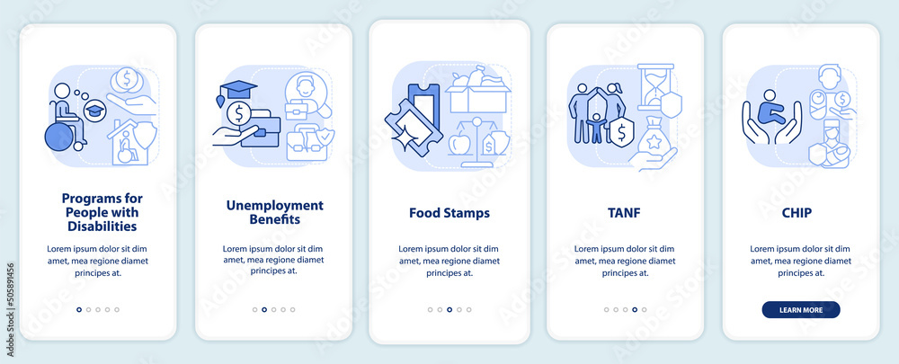 Government benefits light blue onboarding mobile app screen. Walkthrough 5 steps graphic instructions pages with linear concepts. UI, UX, GUI template. Myriad Pro-Bold, Regular fonts used