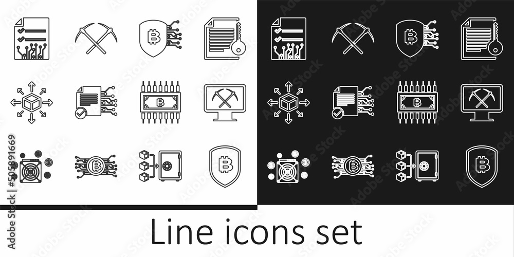 Set line Shield with bitcoin, Mining monitor and pickaxe, Smart contract, Distribution, Cryptocurrency circuit and Crossed icon. Vector