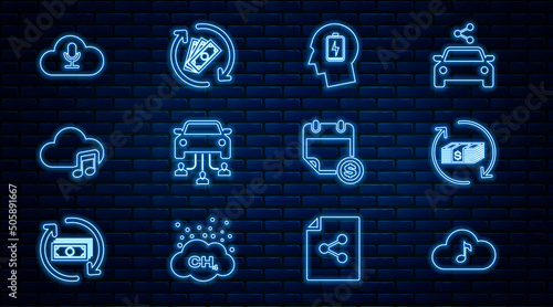 Set line Music streaming service, Refund money, Head with low battery, Car sharing, Financial calendar and icon. Vector