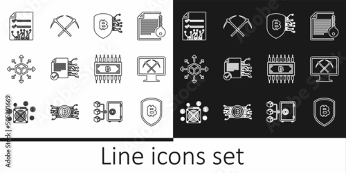 Set line Shield with bitcoin, Mining monitor and pickaxe, Smart contract, Distribution, Cryptocurrency circuit and Crossed icon. Vector