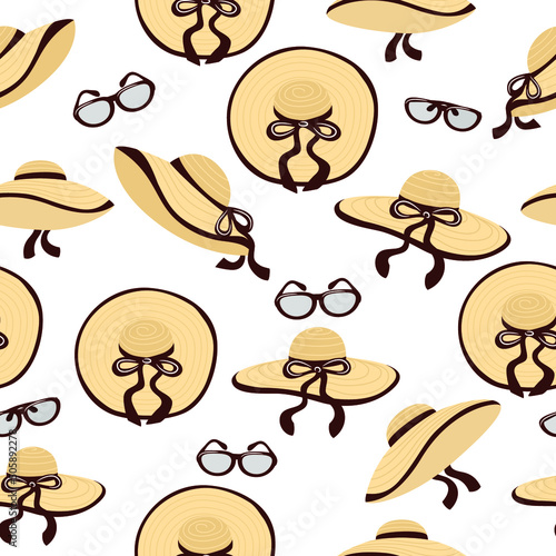 Seamless pattern with women summer hat and glasses. Vector illustration on theme pattern women sun hats.