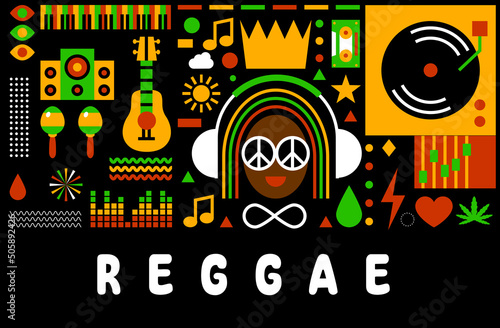 Rastafarian background. Reggae music design for reggae party, festival, radio station or rastafarian bar. Jamaican style music festival. Simple flat design for reggae event