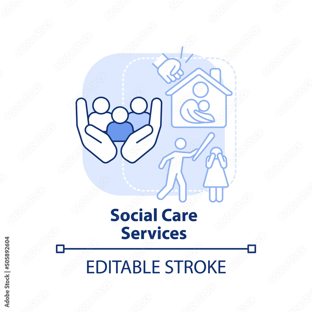 Social care services light blue concept icon. Vulnerable groups. Social protection abstract idea thin line illustration. Isolated outline drawing. Editable stroke. Arial, Myriad Pro-Bold fonts used Social care services light blue concept icon. Vulnerable groups. Social protection abstract idea thin line illustration. Isolated outline drawing. Editable stroke. Arial, Myriad Pro-Bold fonts used