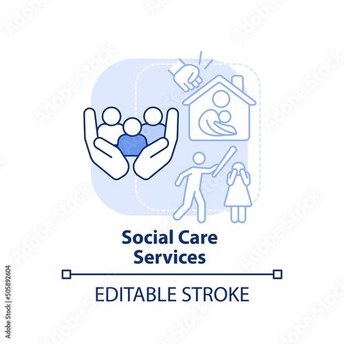Social care services light blue concept icon. Vulnerable groups. Social protection abstract idea thin line illustration. Isolated outline drawing. Editable stroke. Arial, Myriad Pro-Bold fonts used