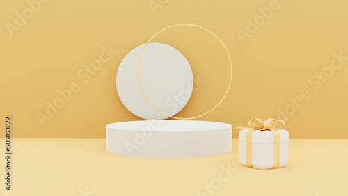 Minimal Abstract background  yellow color gift box clouds mockup for podium modern stage  display or showcase  3d rendering.
