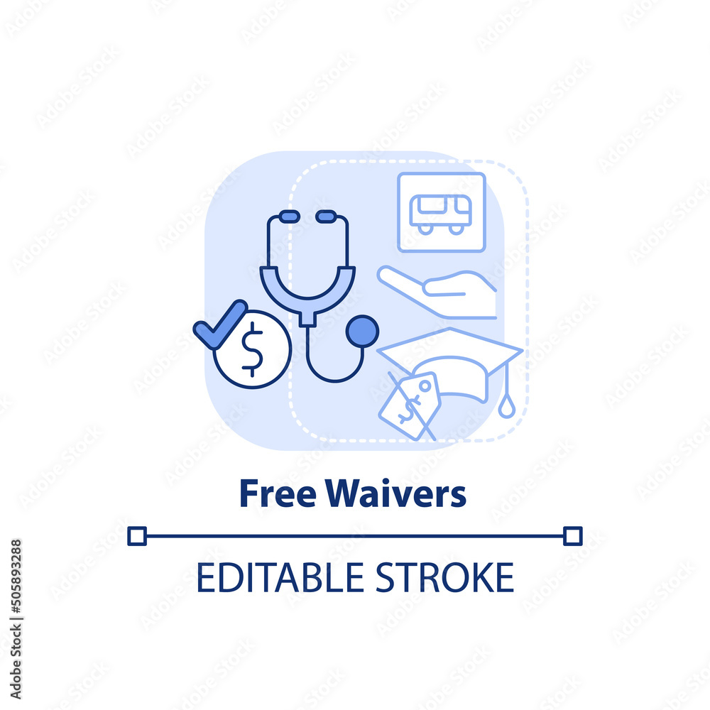 Fee waivers light blue concept icon. Reduced prices for goods. Social assistance abstract idea thin line illustration. Isolated outline drawing. Editable stroke. Arial, Myriad Pro-Bold fonts used Fee waivers light blue concept icon. Reduced prices for goods. Social assistance abstract idea thin line illustration. Isolated outline drawing. Editable stroke. Arial, Myriad Pro-Bold fonts used