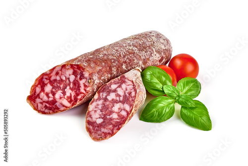 Italian salami with mold, isolated on white background. photo