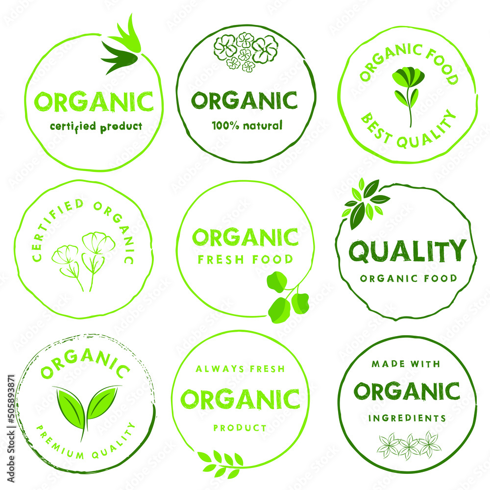 Organic food, natural food, healthy food and organic or natural product logos, icon, badges and stickers.