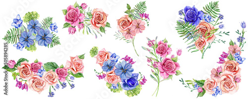 Set of watercolor bouquets. Blue and pink bouquet of flowers with delicate green fern leaves. Hydrangea, roses. Wedding watercolor garden. Spring flowers with greenery for printing, invitation