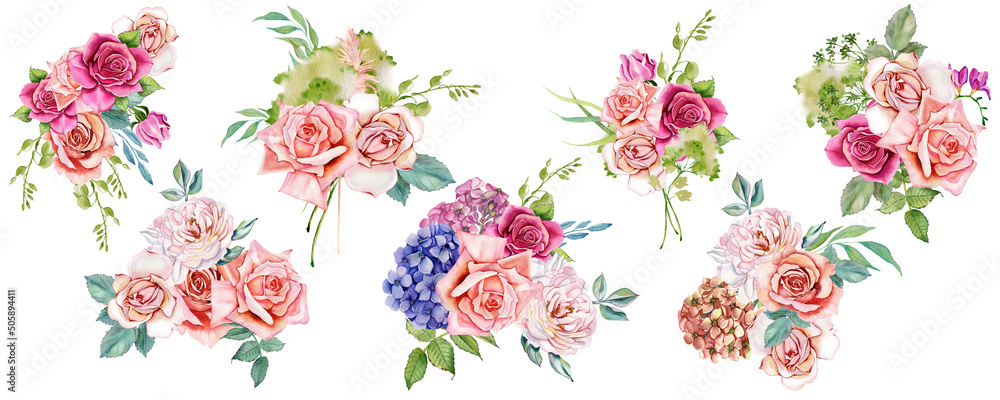 Set of watercolor bouquets. Blue and pink bouquet of flowers with delicate green fern leaves. Hydrangea, roses. Wedding watercolor garden. Spring flowers with greenery for printing, invitation