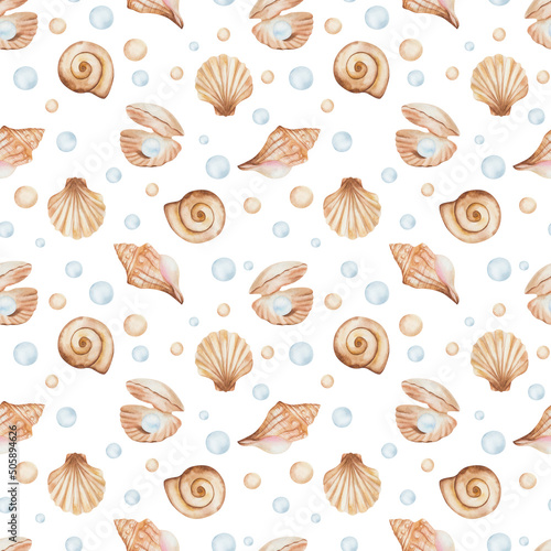 Watercolor seamless pattern from hand painted illustration of sea shell in brown beige color with blue jewelry pearl, bubbles. Ocean animal. Marine print on white background for summer fabric textile