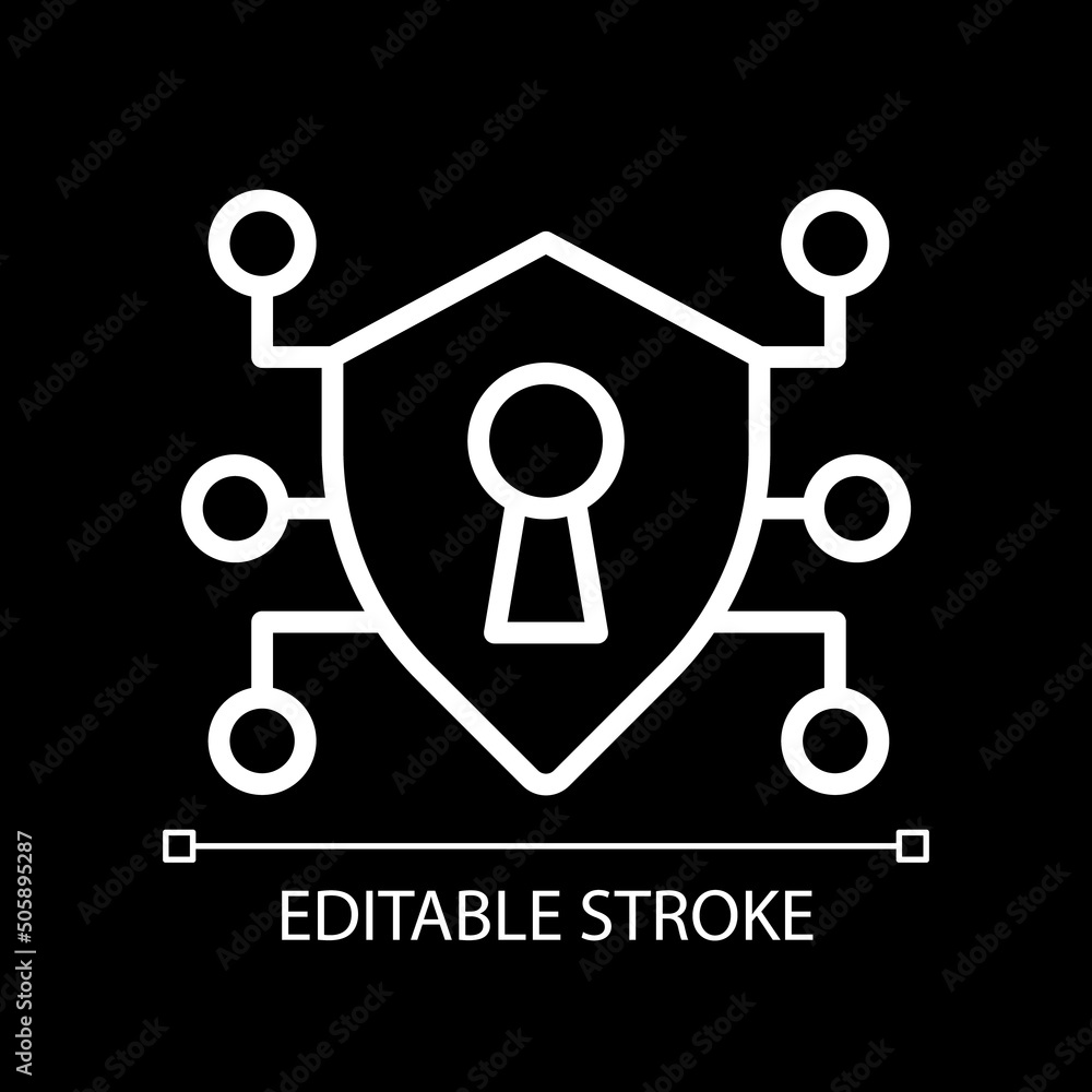 Secure data pixel perfect white linear icon for dark theme. Protecting information from malicious threats. Thin line illustration. Isolated symbol for night mode. Editable stroke. Arial font used Secure data pixel perfect white linear icon for dark theme. Protecting information from malicious threats. Thin line illustration. Isolated symbol for night mode. Editable stroke. Arial font used