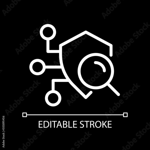 Security scan pixel perfect white linear icon for dark theme. Detecting weaknesses. Searching vulnerabilities. Thin line illustration. Isolated symbol for night mode. Editable stroke. Arial font used