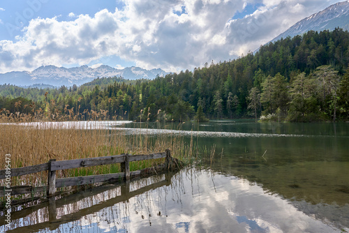 idyllic lake Weissensee, one of the Fernpass lakes above Biberwier, Zugspitz area, Tirol, Austria