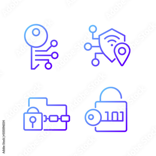 Encryption technologies pixel perfect gradient linear vector icons set. Ransomware. Data decryption. Cryptography. Thin line contour symbol designs bundle. Isolated outline illustrations collection
