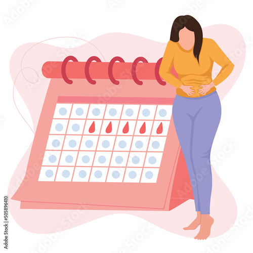 Unwell Woman with stomachache, abdominal pain. Female period problems. Girl having period, premenstrual syndrome, PMS, menstruation, calendar.