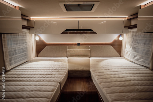 Fotobehang Bed inside a new luxury camper van motorhome