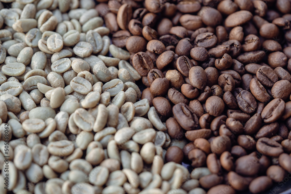 Natural raw and brown roasted coffee beans