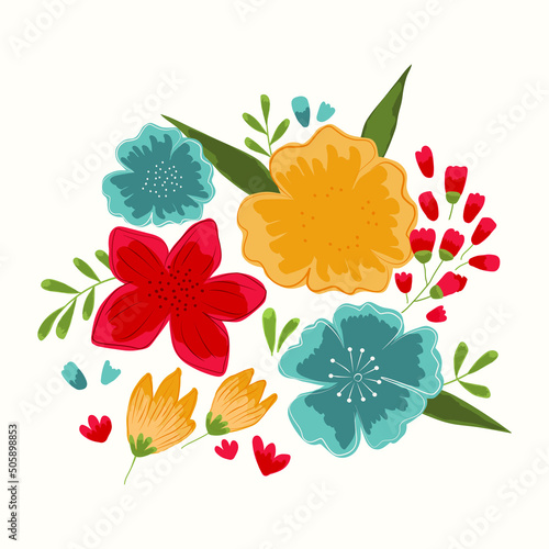 Composition of red, yellow and blue flowers and green leaves. White background. Vector hand-drawn illustration.