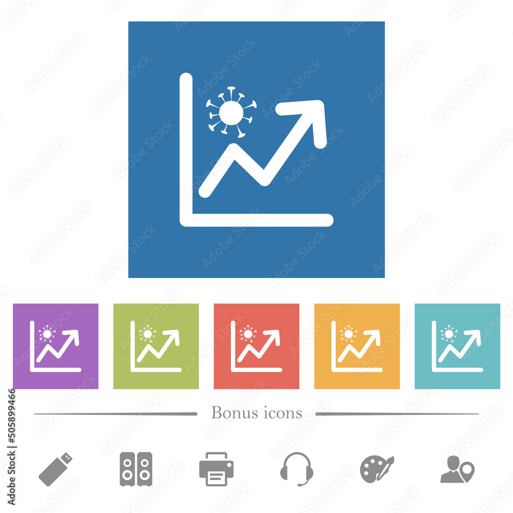 Rising covid graph flat white icons in square backgrounds Rising covid graph flat white icons in square backgrounds