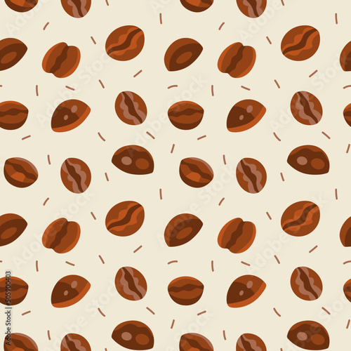 Seamless pattern with coffee beans on light background. Brown, beige, light colors. Hand drawn flat vector illustration