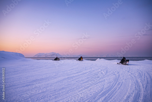 Snowmobile trip, Spitsbergen during winter time, Svalbard
