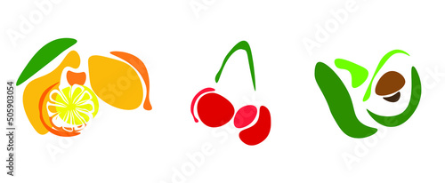 Fototapeta Naklejka Na Ścianę i Meble -  Fruit set, vector illustration. The outlines of fruits - lemon, cherry, avocado, without contours, are made in gentle, 
calm colors. For printing on textiles, advertising posters, cafe menus, restaura